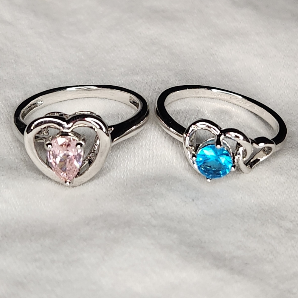 Preowned Heart Theme Costume Ring Lot of 2, Beautiful Pink & Blue Stones